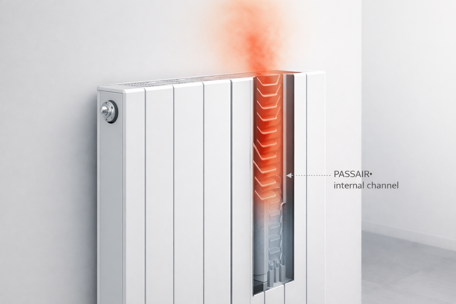 Cutaway of a wall radiator with an internal PASSAIR channel interacting with the rising thermal plume