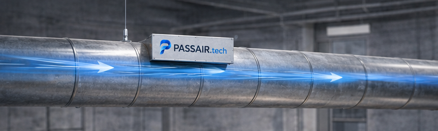 PASSAIR capture module mounted on a suspended circular HVAC duct with airflow moving through it