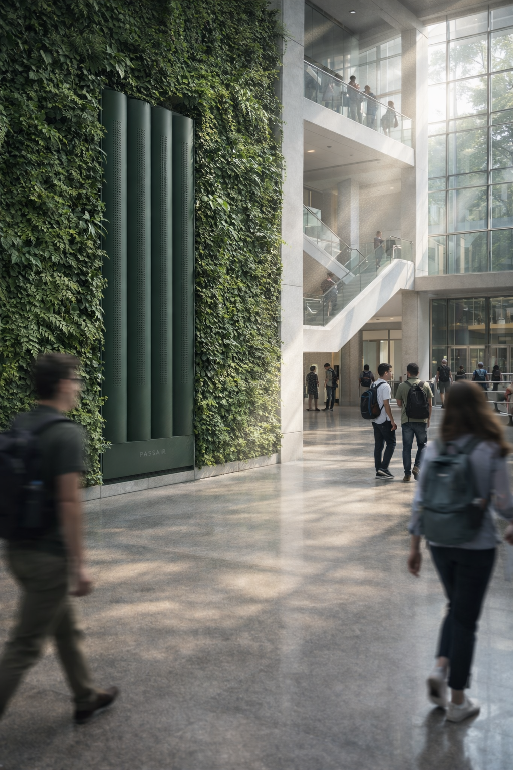 PASSAIR airflow geometry integrated into a living wall within a daylit atrium
