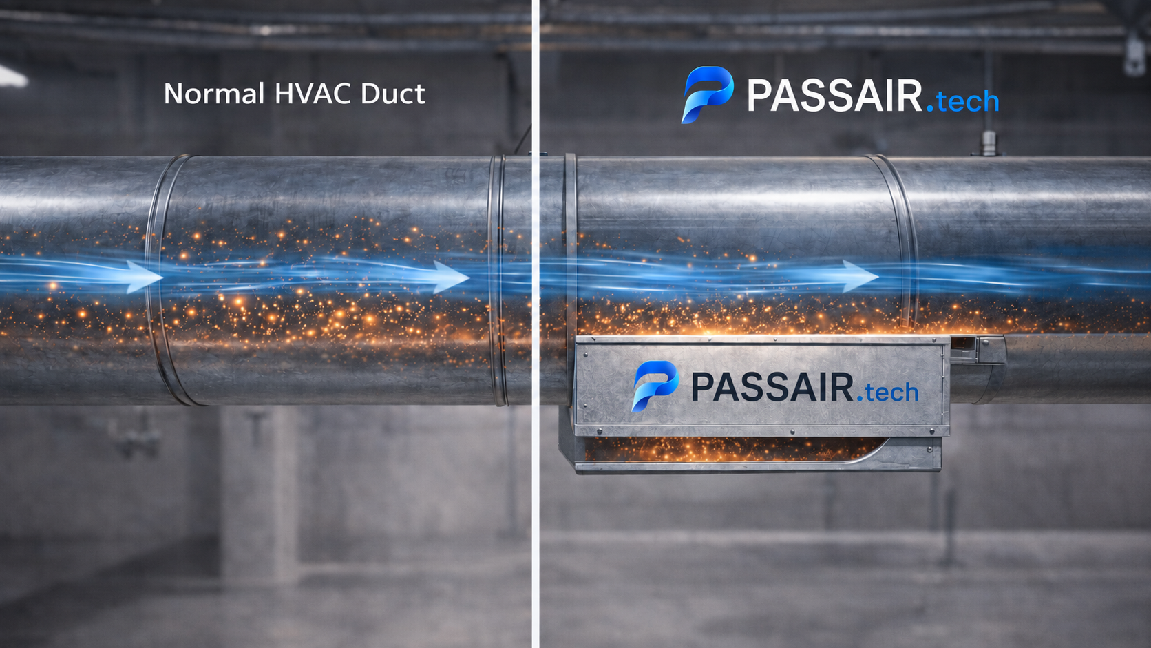 Side-by-side comparison of a normal HVAC duct and a duct fitted with a PASSAIR capture module