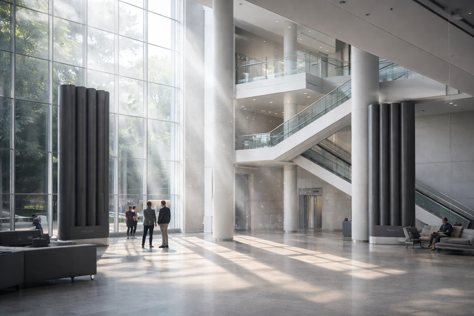 Freestanding PASSAIR columns within a large daylit office atrium