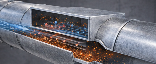 Cutaway of a PASSAIR duct section showing particles leaving the air stream while airflow continues