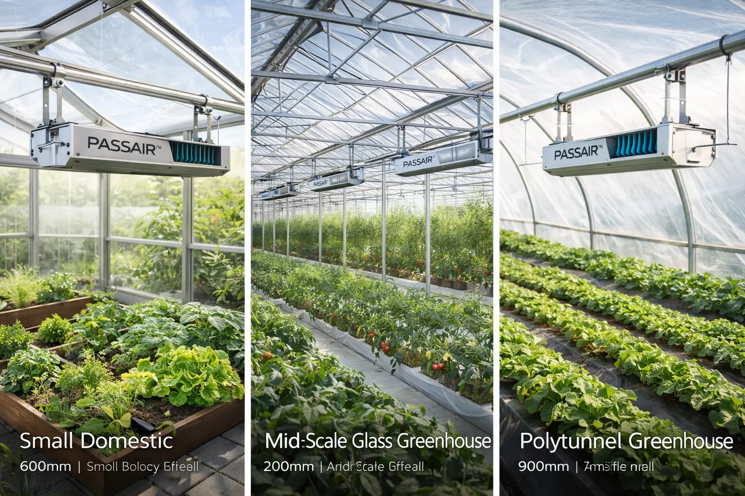 PASSAIR airflow units suspended in domestic, glasshouse and polytunnel growing environments
