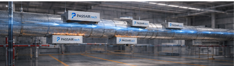 Several PASSAIR modules positioned along a long industrial duct run